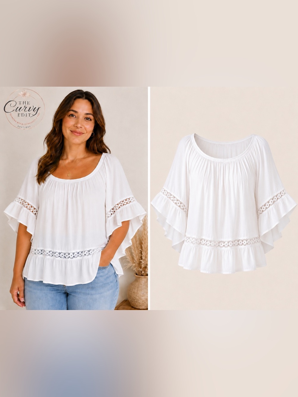 Sunny Leigh White Boho Peasant Top XL 1X Bell Sleeve Lace Trim Cottagecore